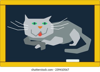 Cat cartoon character in flat style, on school chalkboard background. For education and domestic animals design