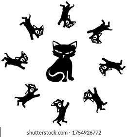 Cat cartoon character kitten ring around big one stencil black, vector illustration, vertical, isolated
