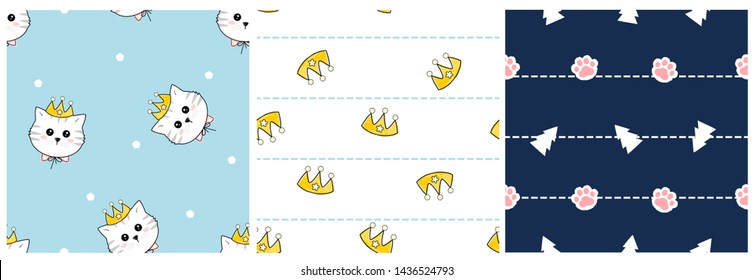 Cat cartoon character seamless pattern, set of cute kitten head wearing a crown . cute cartoon animal for kids wear fashion or baby shower card.
