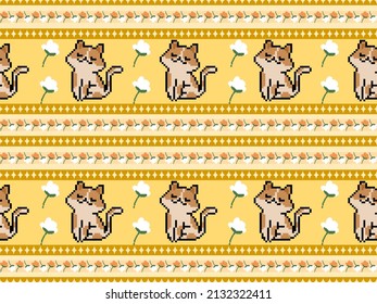 Cat cartoon character seamless pattern on yellow background.Pixel style