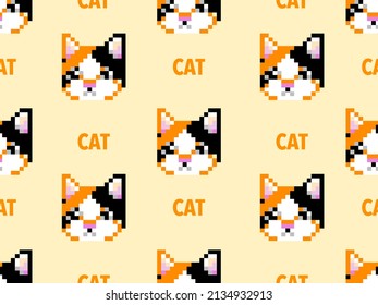 Cat cartoon character seamless pattern on orange background.Pixel style