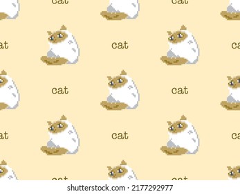 Cat cartoon character seamless pattern on yellow background. Pixel style