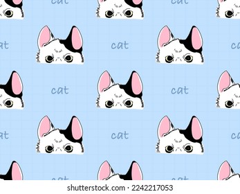 Cat cartoon character seamless pattern on blue background