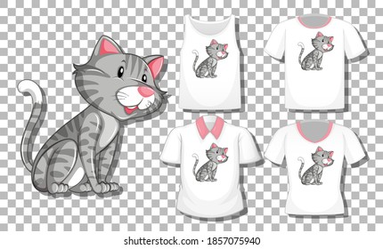 Cat cartoon character with set of different shirts isolated on transparent background illustration