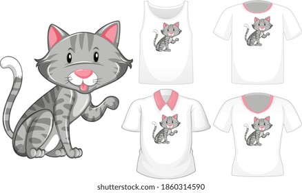 Cat cartoon character with set of different shirts isolated on white background illustration