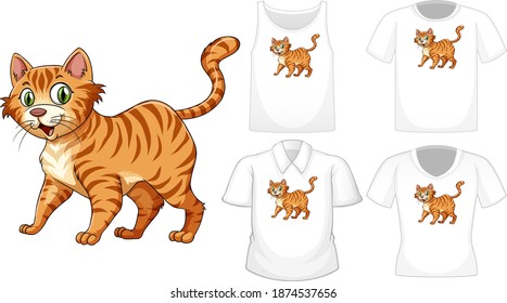 Cat cartoon character with set of different shirts isolated on white background illustration