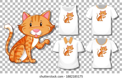 Cat cartoon character with set of different shirts isolated on transparent background illustration