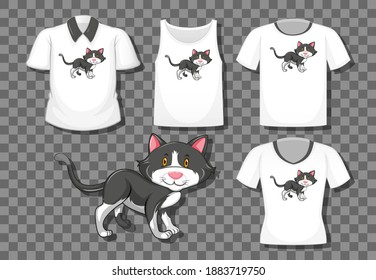 Cat cartoon character with set of different shirts isolated on transparent background illustration