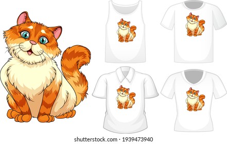 Cat cartoon character with set of different shirts isolated on white background illustration
