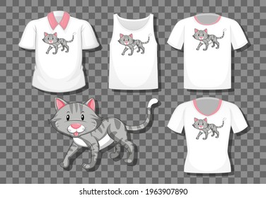 Cat cartoon character with set of different shirts isolated on transparent background illustration