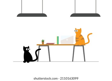 Cat cartoon characters, black and yellow, roommates, desk and laptop, white background, vector size, modern style.