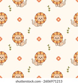 Cat cartoon so cute. On flower background. Pattern seamless vector illustration. 