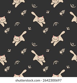 Cat cartoon so cute. On footprint meteor black background. Pattern seamless vector illustration. 
