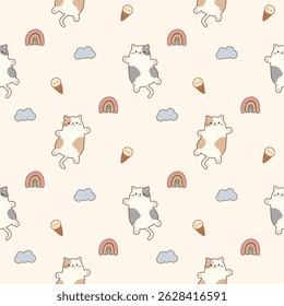 Desenho de gato tão fofo. No fundo de nuvem de arco-íris de sorvete. Ilustração de vetor uniforme de padrão. 