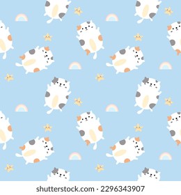 Cat cartoon so cute. On star rainbow blue background. Pattern seamless vector illustration.
