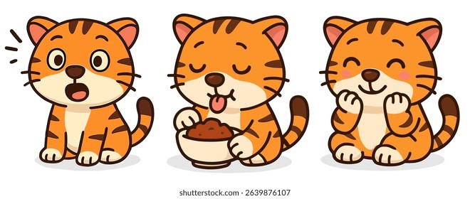 Cat Cartoon Cute Tiger Mascot Illustrations Orange Cat Eating