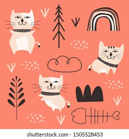 cat cartoon drawing set design vector illustration pack collections. Cute characters.