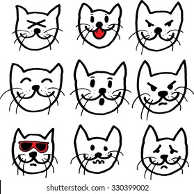 cat cartoon expression doodle, cute iconic cat head pattern, doodling illustration