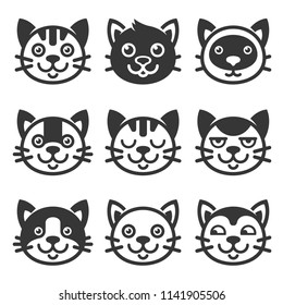 Cat Cartoon Face Icon Set. Vector