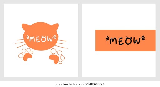 Cat cartoon face, paw prints and hand written font on white backgrounds vector illustration.