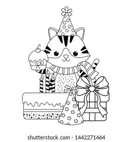 Cat cartoon with happy birthday icon design