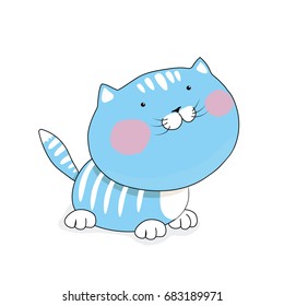 Cat cartoon illustration is flat. Blue kitten vector.