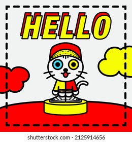 Cat Cartoon Illustration Hello Design Postcard Banner