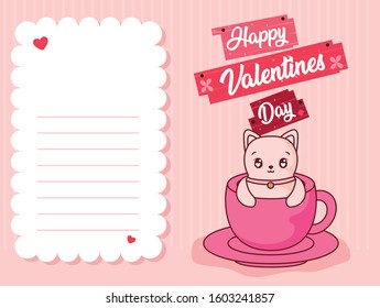 Cat cartoon inside coffee mug design of happy valentines day love passion romantic wedding decoration and marriage theme Vector illustration