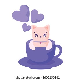 Cat cartoon inside coffee mug design of love passion romantic valentines day wedding decoration and marriage theme Vector illustration