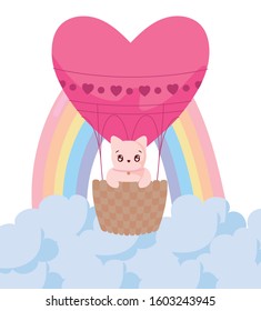 cat cartoon inside hot air balloon design of love passion romantic valentines day wedding decoration and marriage theme Vector illustration