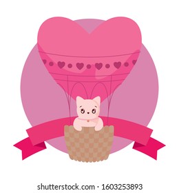 cat cartoon inside hot air balloon design of love passion romantic valentines day wedding decoration and marriage theme Vector illustration