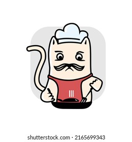 Cat cartoon logo being a chef cooking fish