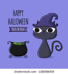 Cat cartoon and magic witch cauldron magical boiler on purple background. Invitation card Halloween party design template. Vector illustration