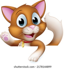 A cat cartoon pet kitten cute animal character peeking over a sign pointing at it and waving.