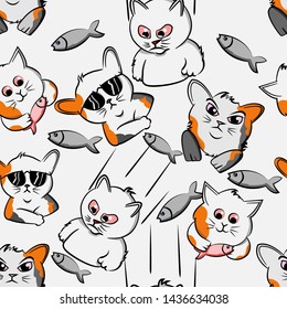 cat cartoon pet seamless pattern funny cat make sunglasses  , with angry kitty and fish, kitten, doodle,