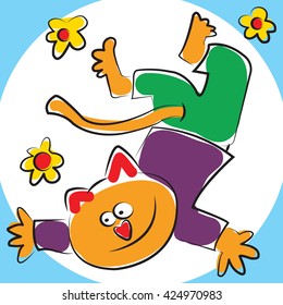 Cat cartoon playing, flower