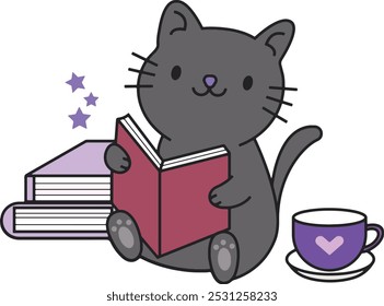cat cartoon reading book with coffee

