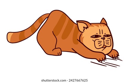 The cat is a cartoon redhead. A cartoon fat tabby cat shows emotions. An animal kitten with emotions on its face. Vector isolated illustration of a red-colored cat stretching and scratching the floor