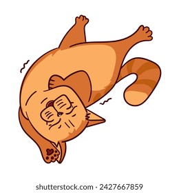 The cat is a cartoon redhead. A cartoon fat tabby cat shows emotions. An animal kitten with emotions on its face. Vector isolated illustration of a red-colored cat lying on its back and purring