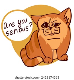 Cat is a cartoon redhead with the inscription You are serious. Cartoon fat tabby cat shows emotions. Kitten is an animal with emotions on its face. Vector illustration of a red-haired cat, standing