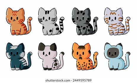 Cat cartoon set. Outline colorful different animal portrait. Cute kitty character, happy kitten drawing isolated on white