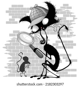 Cat Cartoon Sherlock Holmes Parody funny Cartoon Character and mouse shadow on the Wall Vector Illustration 