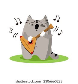  Cat cartoon Singing and play the balalaika. Cat  musician. Animal, pet, musical instrument. Song, music. Vector illustration, background isolated.