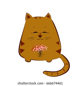 Cat in cartoon style with bouquet on the white background