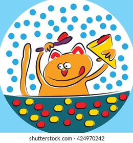 Cat cartoon taking a bath and eating ice cream