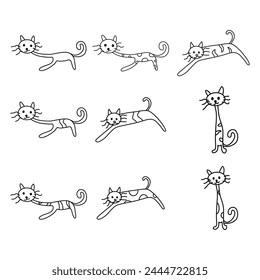 cat cartoon vector 10 Outline line Cute and funny cats doodle. Cartoon cat or kitten characters design collection Minimal cat drawing. Set of purebred pet animals isolated on transparent background.