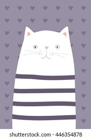 Cat cartoon vector illustration on purple background with hearts