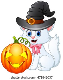 Cat cartoon with a witch hat holding pumpkin