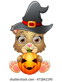 Cat cartoon with a witch hat holding pumpkin