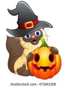 Cat cartoon with a witch hat holding pumpkin
